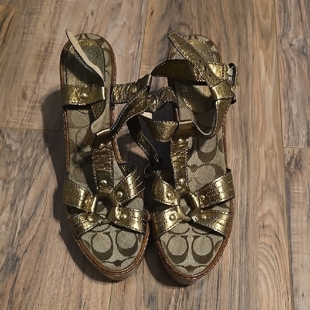 Coach Gold Strappy Wedges